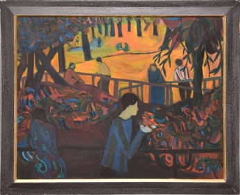 Attributed to: Maxim Bugzester (Polish 1910 - 1978) lg. oil on canvas, Park Scene, canvas size 40 x