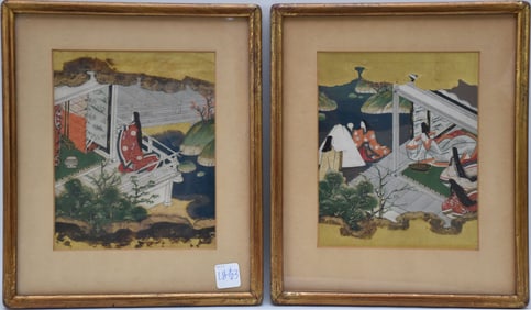 Pair Japanese wood block prints - age of the Shogun era, image size 8-1/2 x 6-1/2 inches, overall