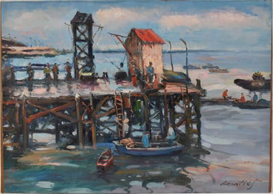 Signed Leontief, oil on canvas laid on board, low tide dock scene, 24 x 34 inches.
