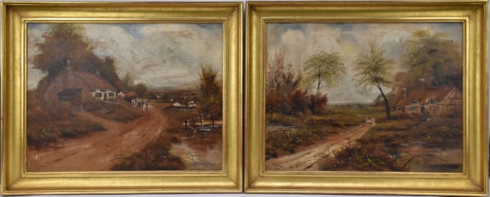Pair of Antique English Landscapes by A. Gibbons dated 1919. oil on canvas, 16 x 21 inches,