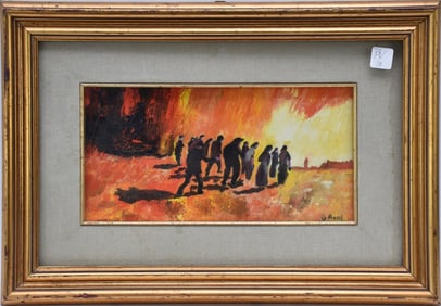 G Rossi - zombie apocalypse - oil on board, signed lower right, 7 1/2 x 14 inches, overall framed