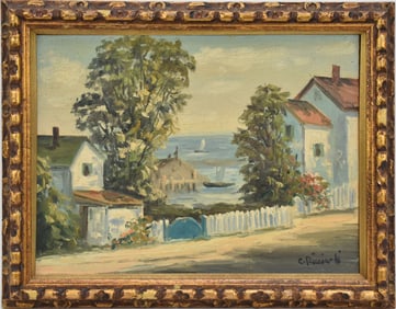 Caesare A Ricciardi (Bucks Co. PA 1892-1973) oil on canvas board. Waterfront homes/dock scene. 12 x