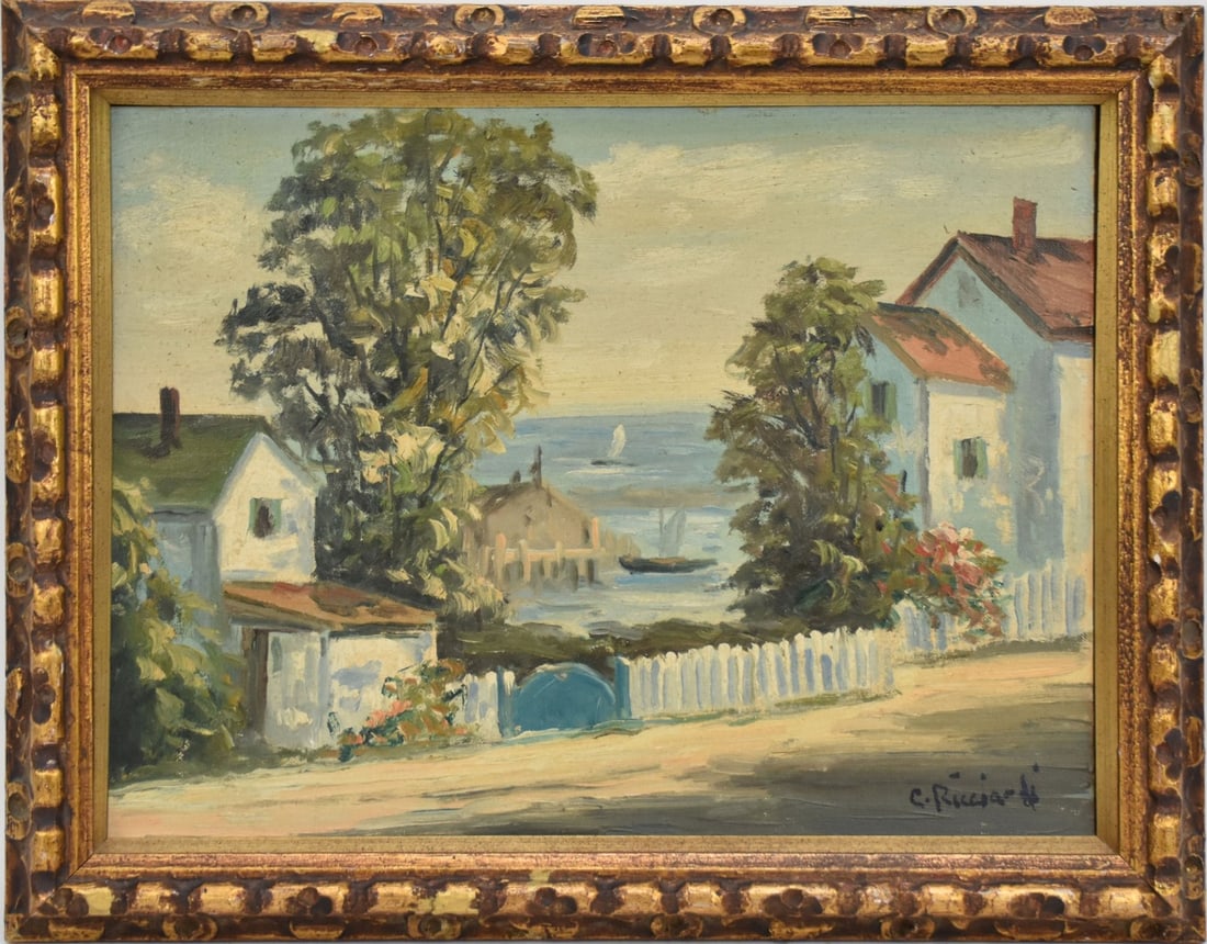 Caesare A Ricciardi (Bucks Co. PA 1892-1973) oil on canvas board. Waterfront homes/dock scene. 12 x (1 of 6)