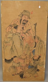 Large Chinese Watercolor On Paper laid down on board depicting scholars teaching children.