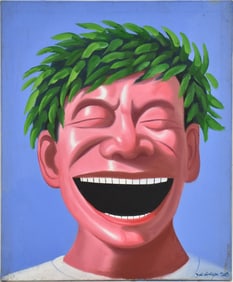 Attributed to Yue Minjun (Chinese, b. 1962) Oil Painting depicts a laughing boy wearing head wreath,