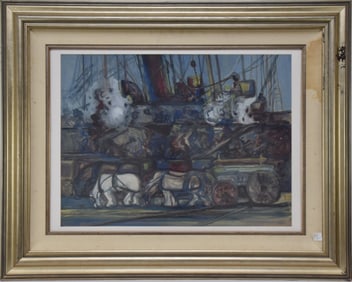 Large watercolor ship at dock, horse and carriage in foreground site size 20 1/2 x 27 1/2“ overall