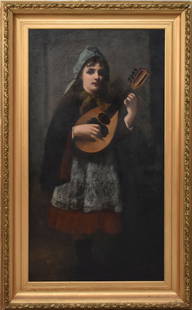19th Century Italian School, girl w/ mandolin, relined canvas, 52 x 28 inches: 19th Century Italian School, girl w/ mandolin, relined canvas, 52 x 28 inches