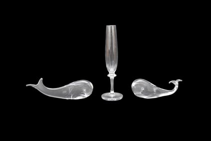 DAUM France Vase & 2 MARCOLIN Whales - 20th century. A Daum France single rose clear crystal vase,