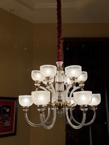 Crystal Chandelier 6 branch with 2 light on each for 12 lights total, Globes are Etched Design, 30h