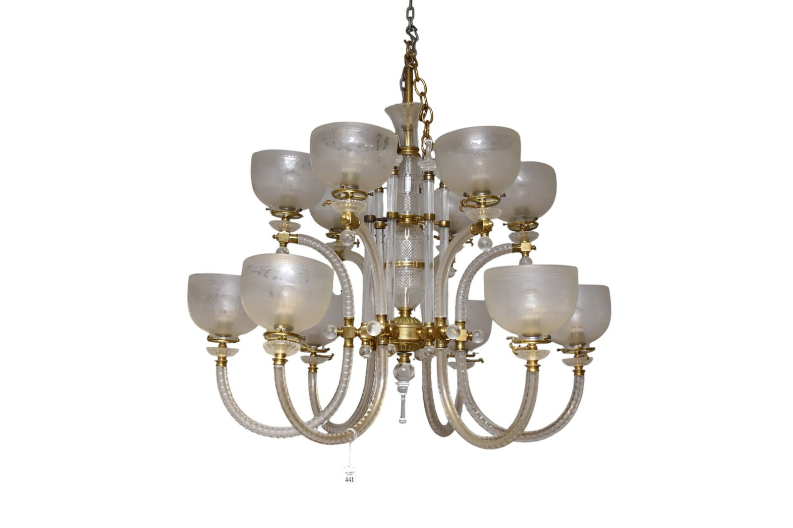 Crystal Chandelier 6 branch with 2 light on each for 12 lights total, Globes are Etched Design, 30h (1 of 7)