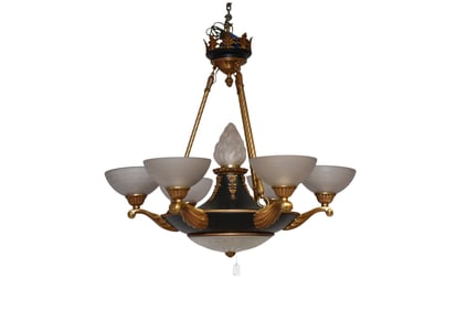 French Empire Style Chandelier, 6 Frosted & Etched globes and Light in the Center, 30h x 38 diameter