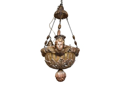 19th Century French carved angel chandelier, 3 carved angels has old gilt and paint losses, 36 h x