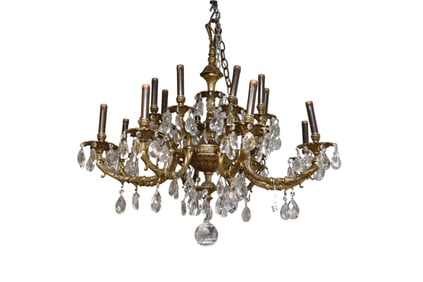 French Style Brass Chandelier, 8 branch and 16 lights. Many Crystal drops. 32h x 36wide inches.
