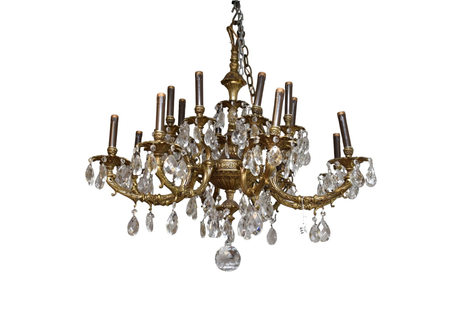 French Style Brass Chandelier, 8 branch and 16 lights. Many Crystal drops. 32h x 36wide inches. (1 of 7)