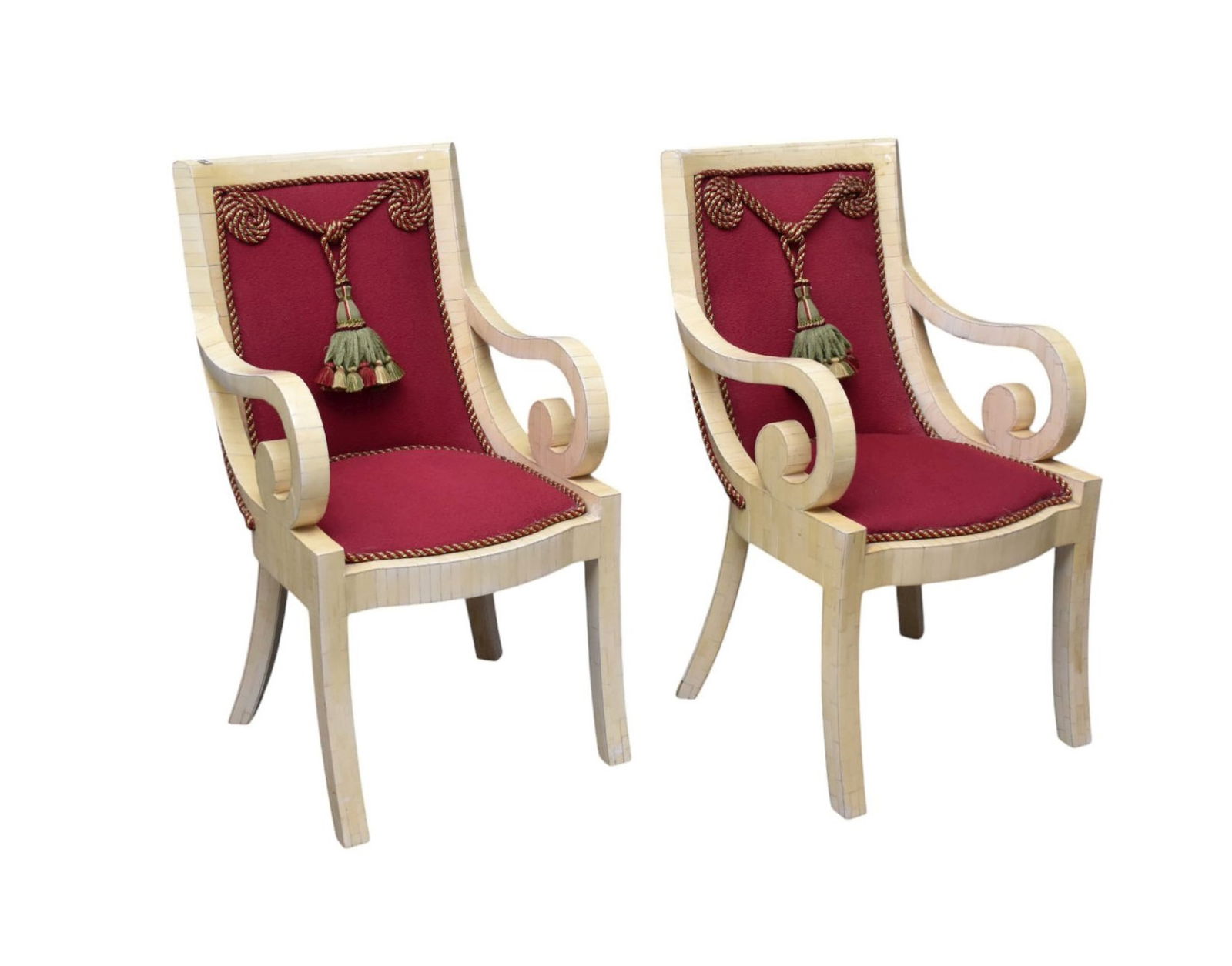 Pr. of Mid Century Karl Springer Tessellated Bone Scrolling Arm Chairs: Pr. of Mid Century Karl Springer Tessellated Bone Scrolling Arm Chairs, Braided Trim Each with Large Tassel ***If this item is not picked up by the Friday following the auction, it will be moved to of