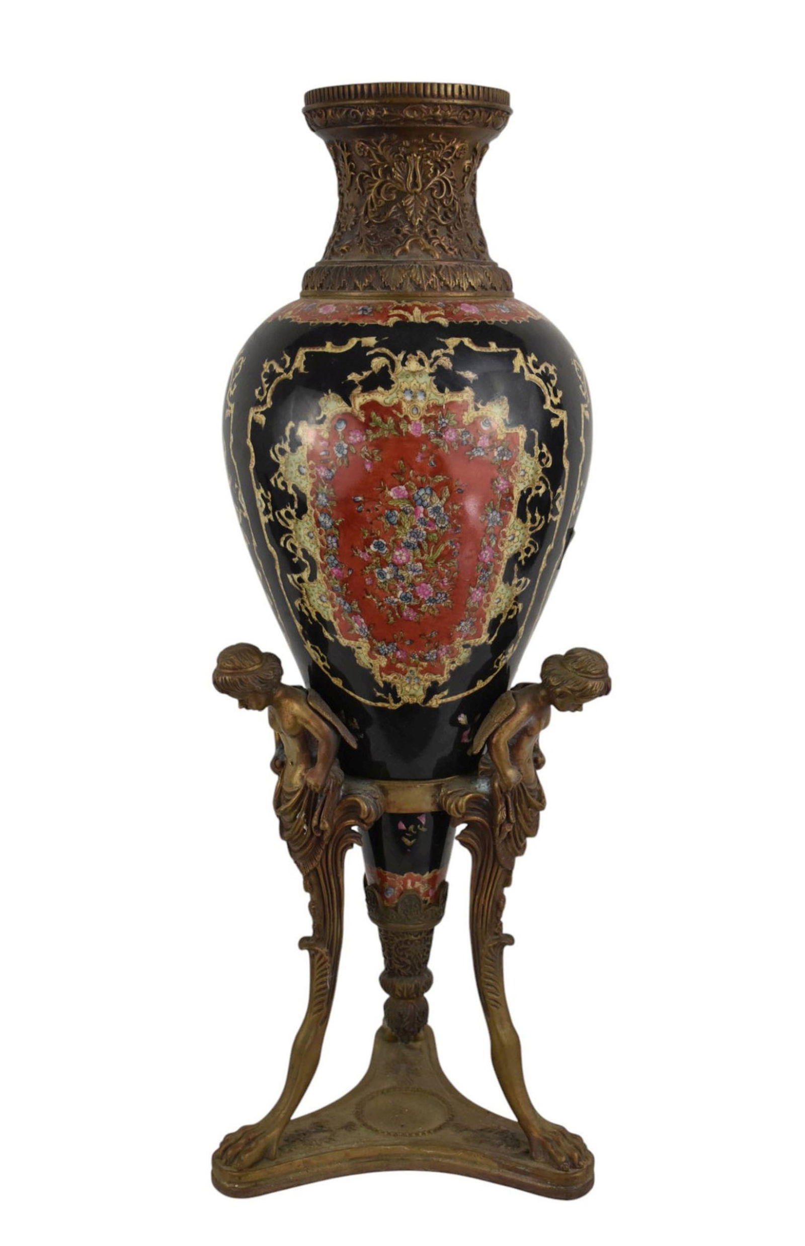 Ceramic Urn Seated in Figural Trifed Bronze Mounts. 24"h (1 of 7)