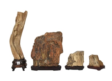3 Petrified Natural Wood Sculptures on Custom Bases, 22'h x 6"w; (2) 7 1/2"h x 8"w, Largest 15"h x