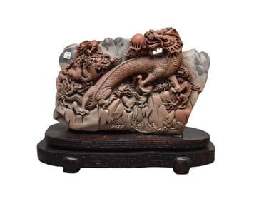 Large Soapstone Intricately Carved Dragon Sculpture, 14"h x 21"w