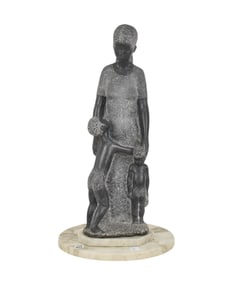 Grey Stone Sculpture mother and children on marble base 25: high 14" wide