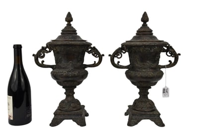 Pr. Bronze Urns with Removable Lids, Scrolling Leaf Handles. 16"h