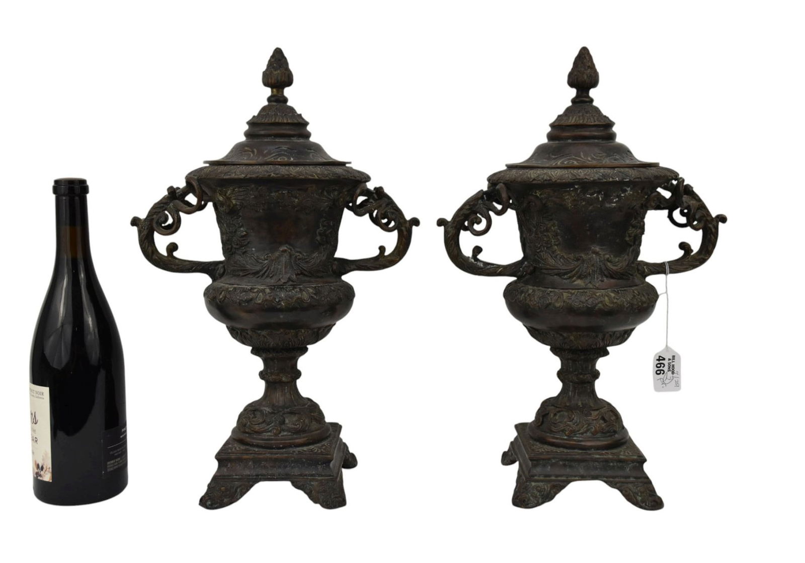 Pr. Bronze Urns with Removable Lids, Scrolling Leaf Handles. 16"h (1 of 8)