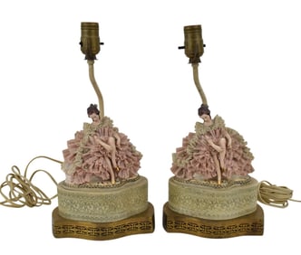 Pr. Boudoir Lamps, Dresden Ladies With Lacey Skirts (some roughage) on 2 Tier Brass Bases. 14"h