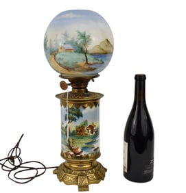 Porcelain Oil Lamp, Painted Landscape on Globe and Base