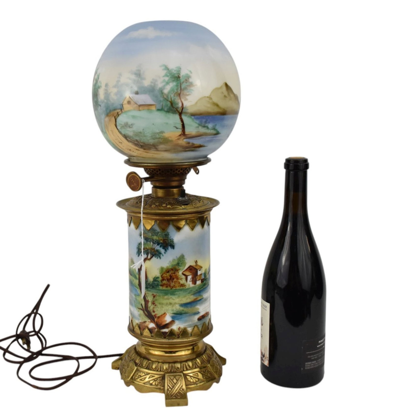 Porcelain Oil Lamp, Painted Landscape on Globe and Base: Porcelain Oil Lamp, Painted Landscape on Globe and Base