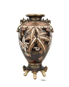 Asian Footed Vase with Floral Relief Design on Black Ground (sans lid)