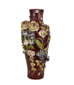 Large Ceramic art Nouveau Floral vase marked "222" on underside 25" high x 10" w Some losses to