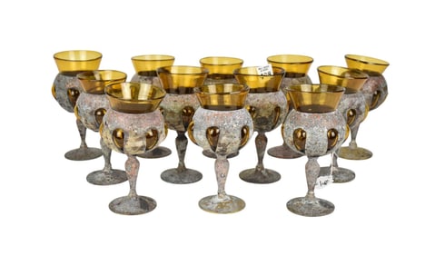 12 Mexican Blown Glass Metal Encased Goblets, c. 1950 - Amber Glass & Oxidized Metal Stemmed