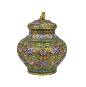 Chinese Champleve covered jar 10.5" high x 8"dia