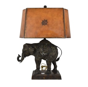 Decorative Bronze Elephant Lamp with Leather Shade, 26"h x 20"w x 13"d