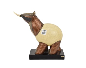 Roberto Estevez Ostrich Egg Body with Metal Work Head & Legs, Some Cracks and Repairs