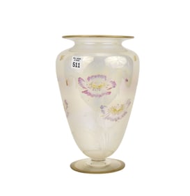 Pearl Lustre Sinclaire Glass Vase with Engraved and Colored Flowers, Gilt Rim and Foot, 12"h