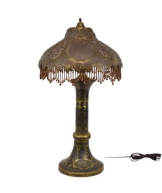 Persian/Turkish Table Lamp Brass with Silver & Copper Inlay with Pierced Metal Shade with Silk Liner
