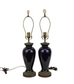 Pair Cobalt Porcelain Table Lamps with Brass Fittings, Jade & Quartz Finial, 26"h (very worn, needs
