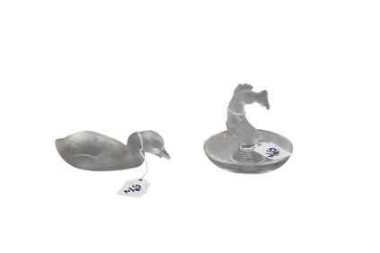 2 Lalique Crystal Figures, Mallard Duck (4 1/2"L) & Fish Ring Dish (8"h)