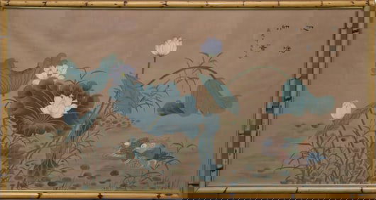 Large Chinese Watercolor on Silk, water lily vegetation and ducks, signed upper right, stamp on back