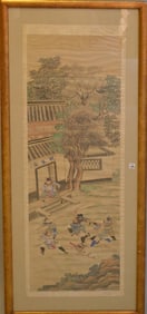 Antique Chinese Watercolor On Paper depicting figures Sparing in a courtyard. Condition: good with