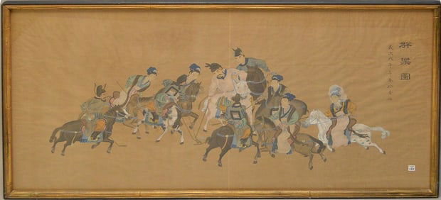 Large Chinese Watercolor On Paper depicting 10 figures on horseback playing polo. Framed in bamboo