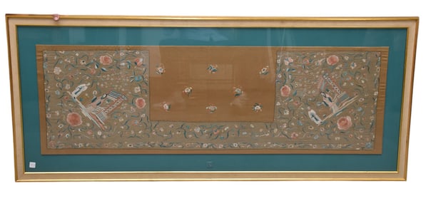 Large Chinese Antique Silk Embroidery. Silk is 19-1/2 x 61 inches long. Overall framed is 29-1/2 x