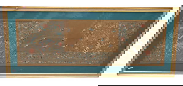 Large Chinese Antique Silk Embroidery. Silk is 19-1/2 x 61 inches long. Overall framed is 29-1/2 x (1 of 8)