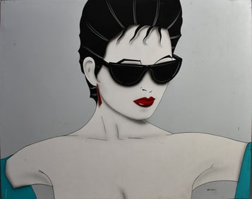 Valter Marais- Large Oil on Canvas - 1993 after Patrick Nagel, girl with glasses 4 x 5 feet.