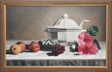 Michel Pellus (Canadian, born 1945). Gallery size oil on canvas painting. Still life with white soup