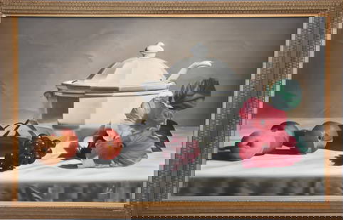 Michel Pellus (Canadian, born 1945). Gallery size oil on canvas painting. Still life with white soup: Michel Pellus (Canadian, born 1945). Gallery size oil on canvas painting. Still life with white soup tureen. Gilt frame. 38h x 60w inches.
