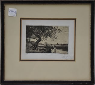 Corot etching- image size 3 1/2 x 5 1/2 frame size 10 1/2 x 12“ pencil sign all right Charles