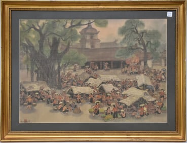 Painting on silk Asian market scene signed lower left, 21 1/2 x 30 1/2 overall frame size 29 x 38