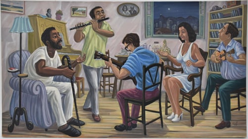 Sarav Rio Brazil -2000. Signed Vidal, oil on canvas, interior evening music. 22 x 39in.