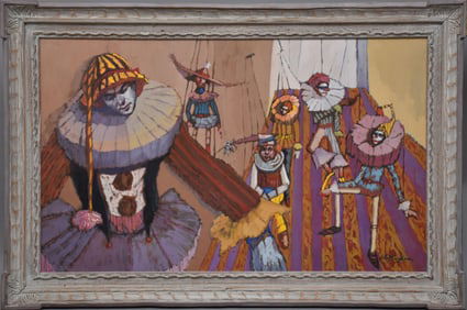 Bonnie Whittingham (1921 - 1997 California) oil on board, clowns / Marionettes signed lower right,